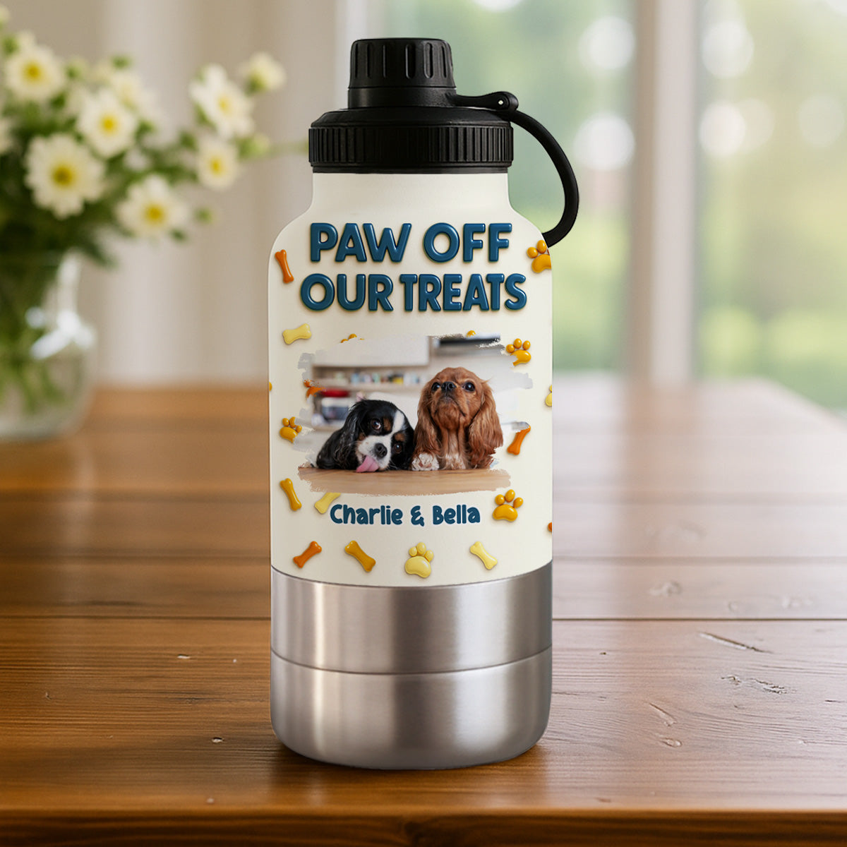 Paw Off My Treats Photo - Personalized 30oz Water Bottle With Pet Bowl