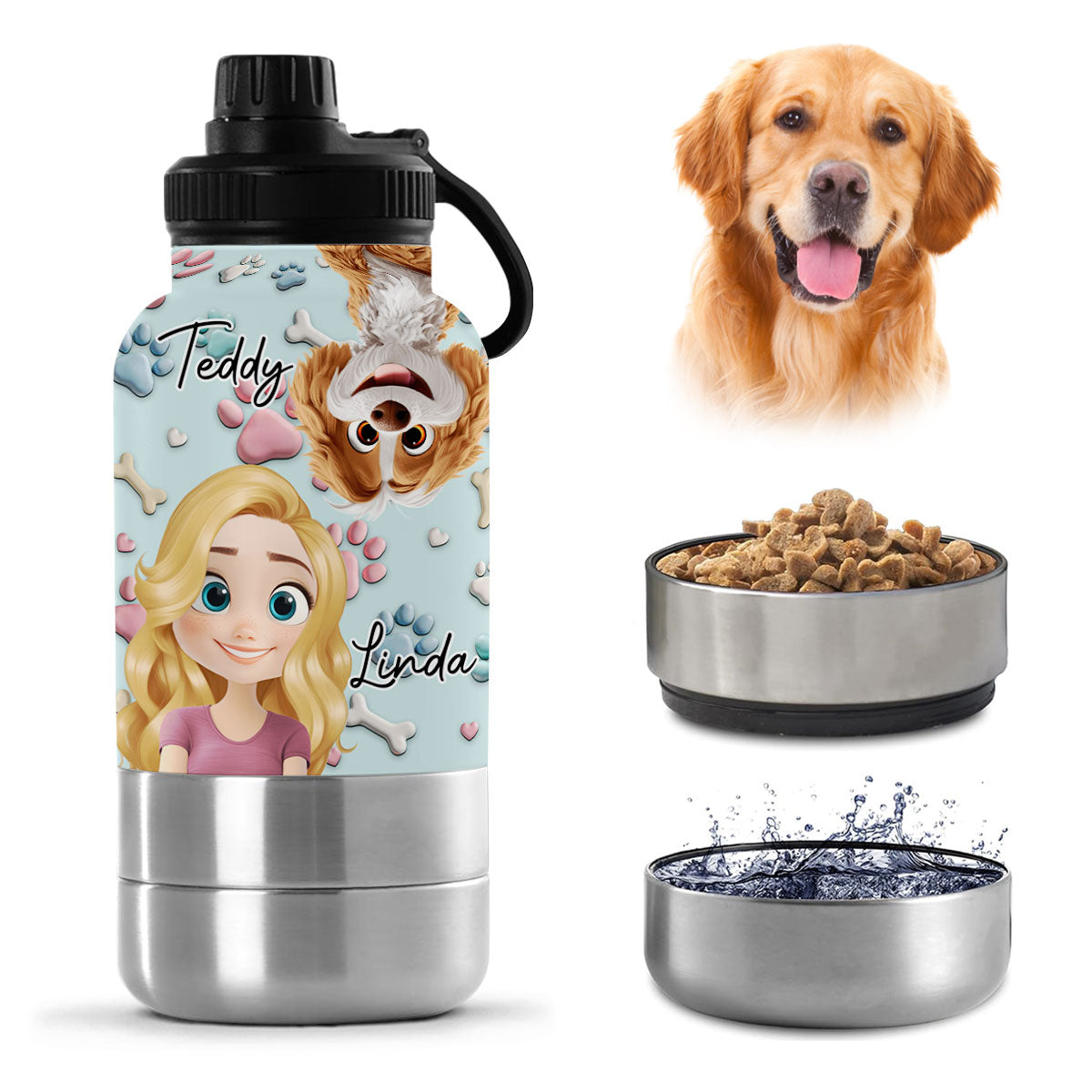 Dog And Human Cartoon - Personalized 30oz Water Bottle With Pet Bowl