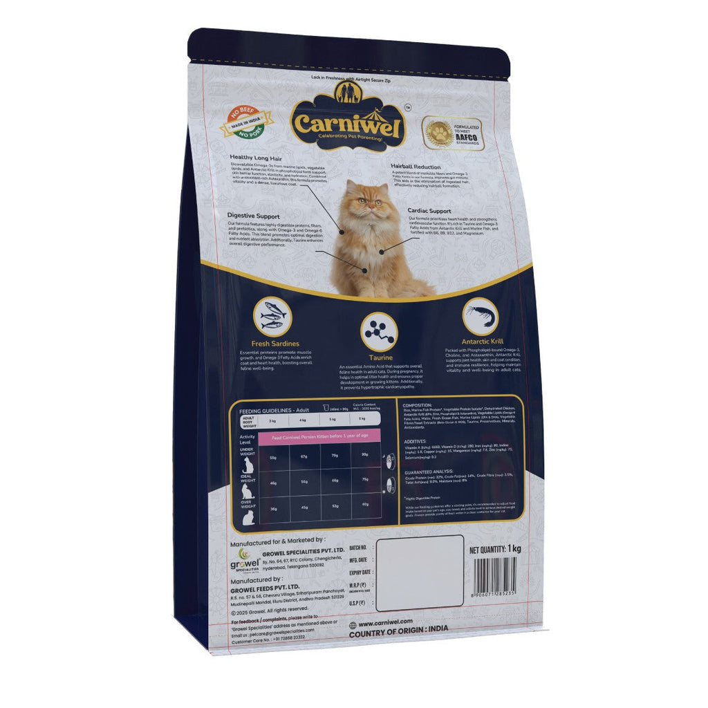 Carniwel Dry Persian Cat Food with Fresh Sardines & Krill, Adult