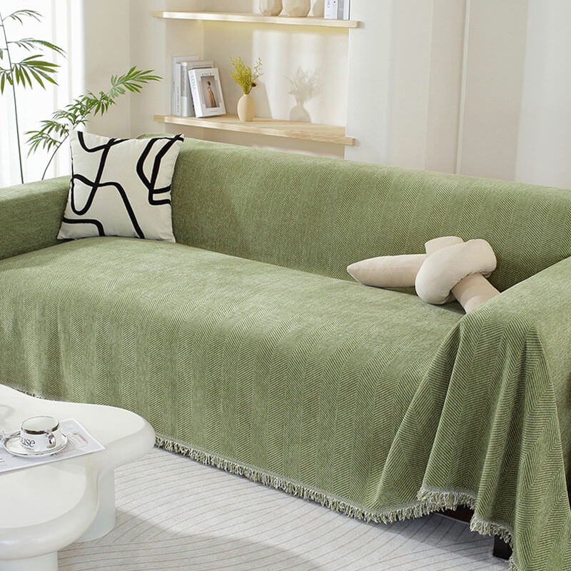 Chenille Blanket Herringbone Tassel Armchair Cover