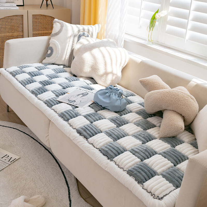 Cream-colored Large Plaid Square Fuzzy Pet Dog Mat Bed Sectional Couch Cover