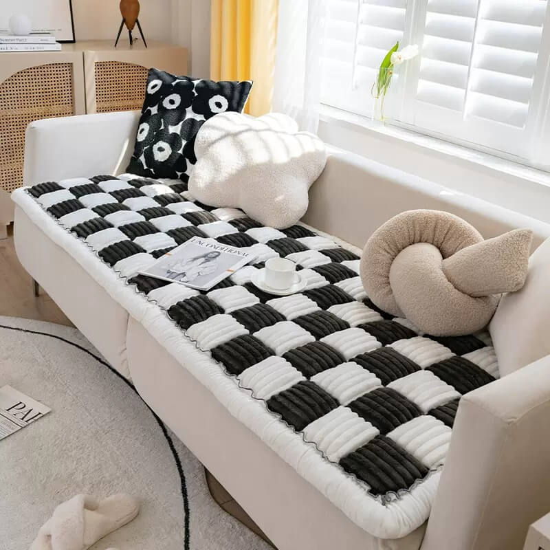 Cream-colored Large Plaid Square Fuzzy Pet Dog Mat Bed Sectional Couch Cover