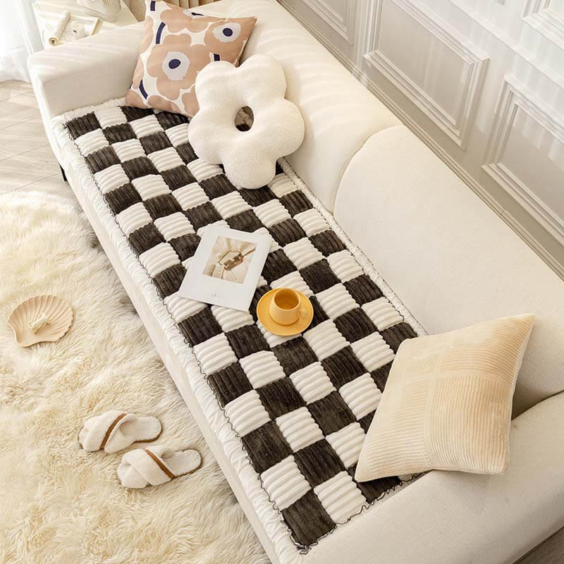 Cream-colored Large Plaid Square Fuzzy Pet Dog Mat Bed Sectional Couch Cover