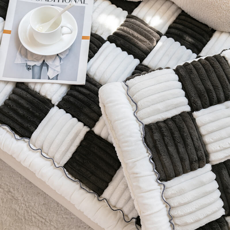 Cream-colored Large Plaid Square Fuzzy Pet Dog Mat Bed Sectional Couch Cover