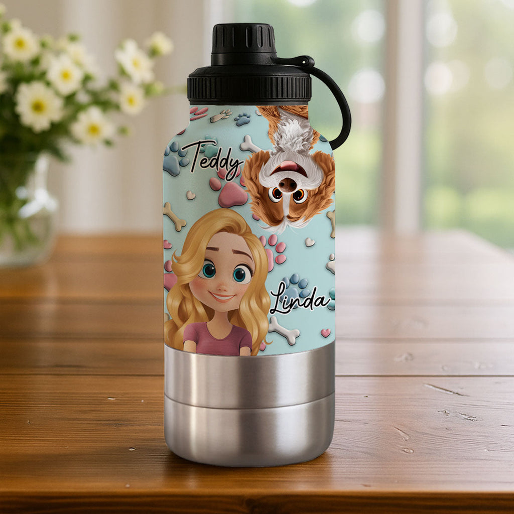 Dog And Human Cartoon - Personalized 30oz Water Bottle With Pet Bowl