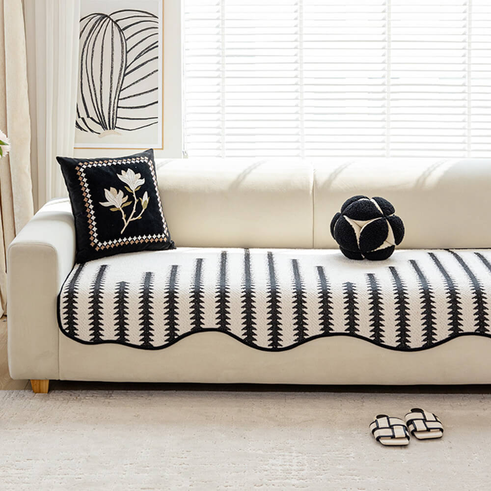 Modern Chevron Stripes Chenille One-Piece Couch Cover with Wavy Edges
