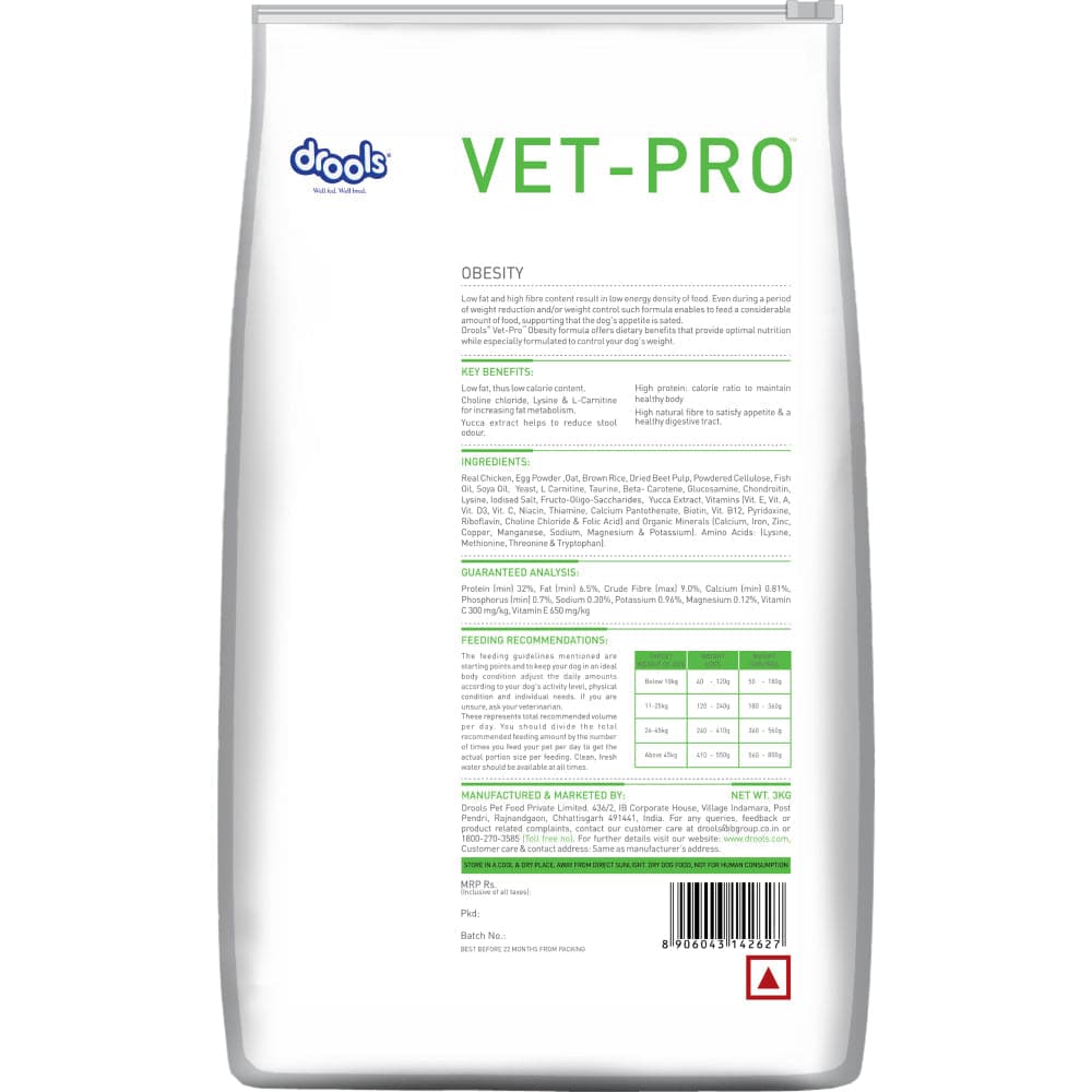 Drools VET PRO Obesity Adult Dog Dry Food (3kg) and Vivaldis Condrovet Large Joint Support tablet (10 tablets) Combo