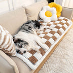 Cream-colored Large Plaid Square Fuzzy Pet Dog Mat Bed Sectional Couch Cover