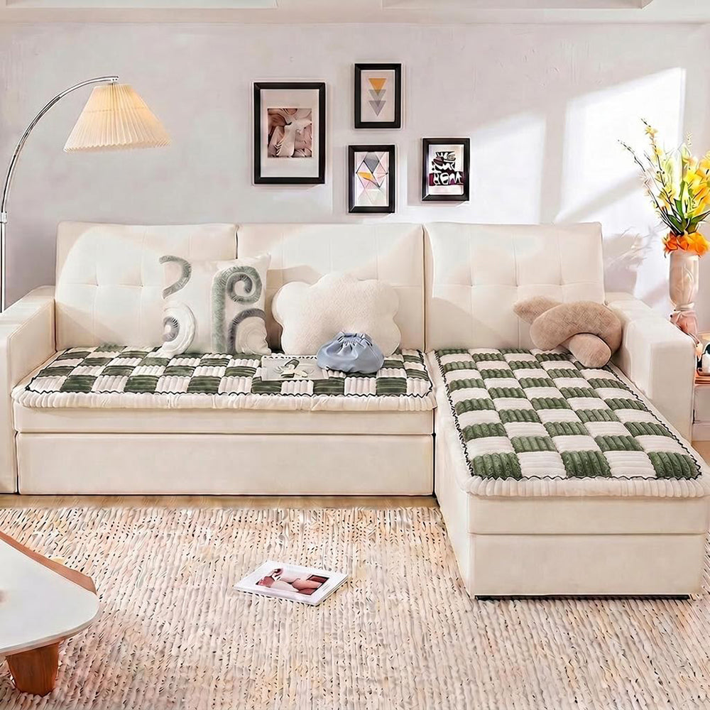 Cream-colored Large Plaid Square Fuzzy Pet Dog Mat Bed Sectional Couch Cover