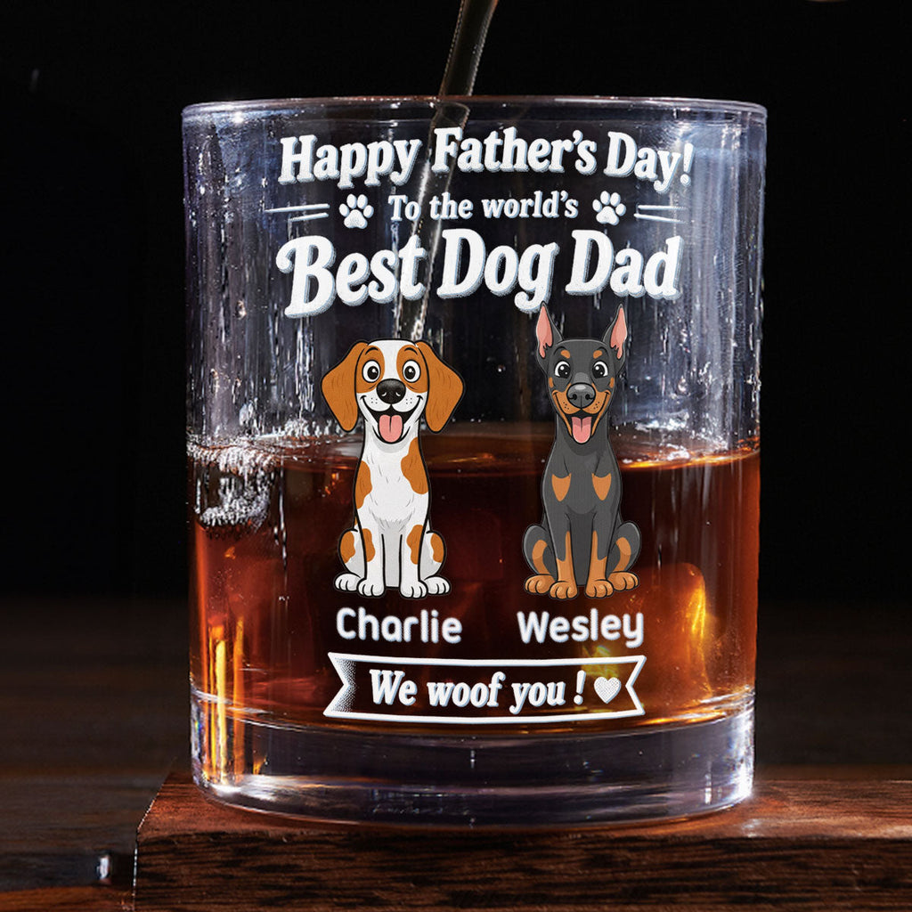 Stylized Cartoon Dog Woof Dad - Personalized Whiskey Glass