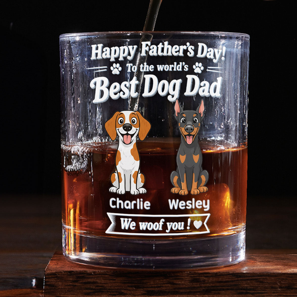 Stylized Cartoon Dog Woof Dad - Personalized Whiskey Glass