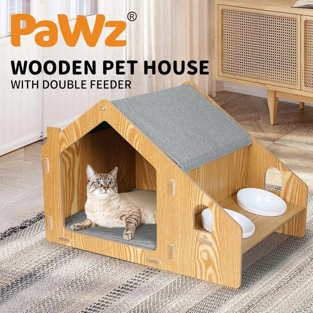 Wooden House Cat Elevated Double Feeder