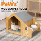 Wooden House Cat Elevated Double Feeder