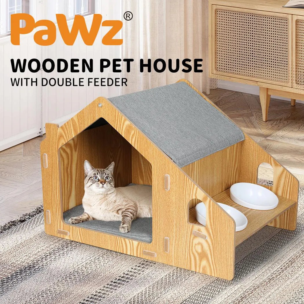 Wooden House Cat Elevated Double Feeder