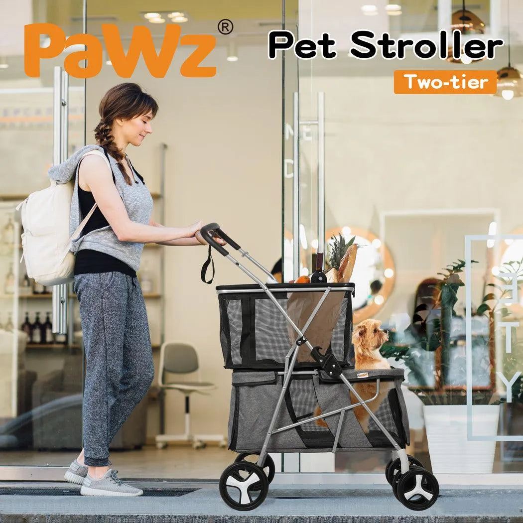 Pet Stroller 2-Tier Pram Dog Cat Carrier Foldable Large 4 Wheels Shopping