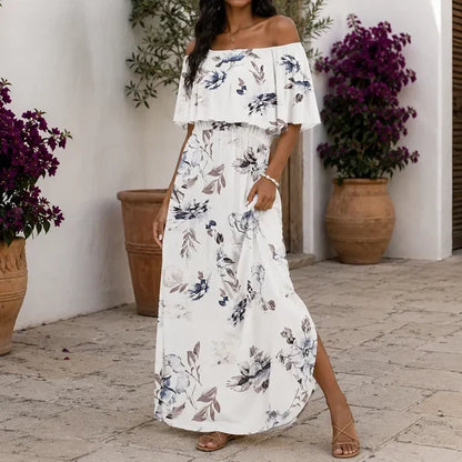 ⏰Last Day Sale 50% OFF💃Women's Off-Shoulder Ruffled Side-Slit Maxi Dress with Pockets ✨
