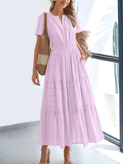 ⏰Summer Hot Sale 70% OFF🎉Women's Lightweight Short Sleeve V Neck Elastic Waist Dress