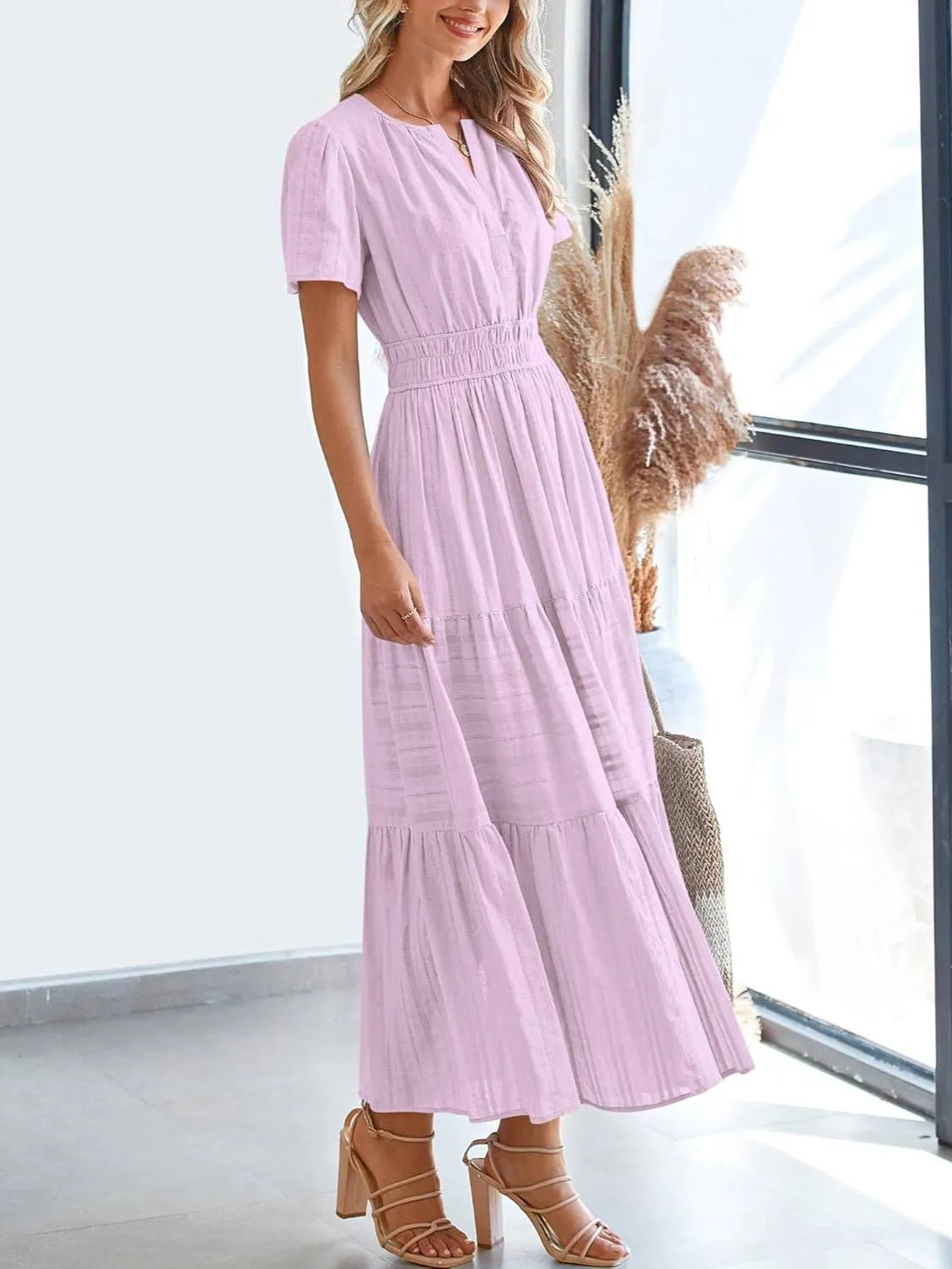 ⏰Summer Hot Sale 70% OFF🎉Women's Lightweight Short Sleeve V Neck Elastic Waist Dress