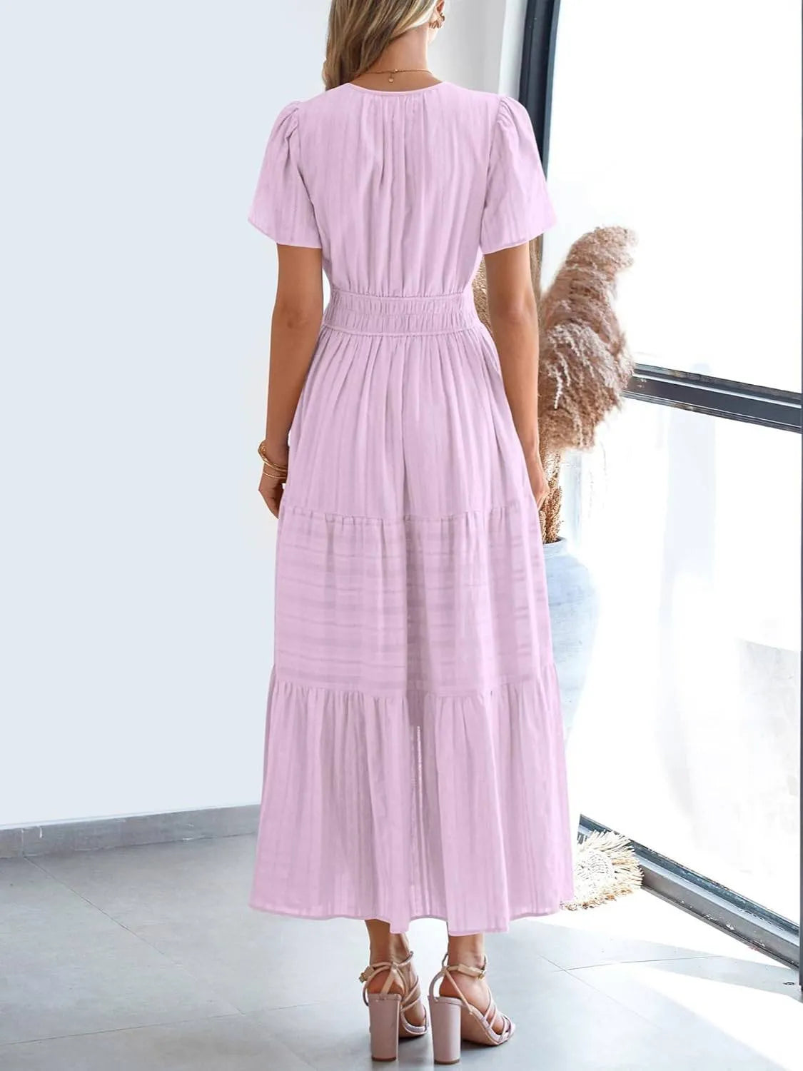 ⏰Summer Hot Sale 70% OFF🎉Women's Lightweight Short Sleeve V Neck Elastic Waist Dress