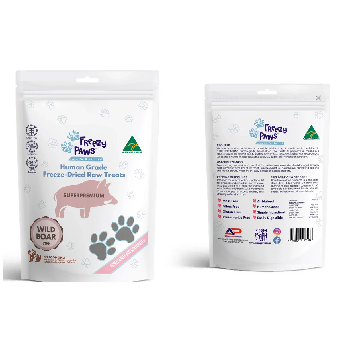 Freezy Paws Freeze Dried Wild Boar Pet Treats for Cats & Dogs