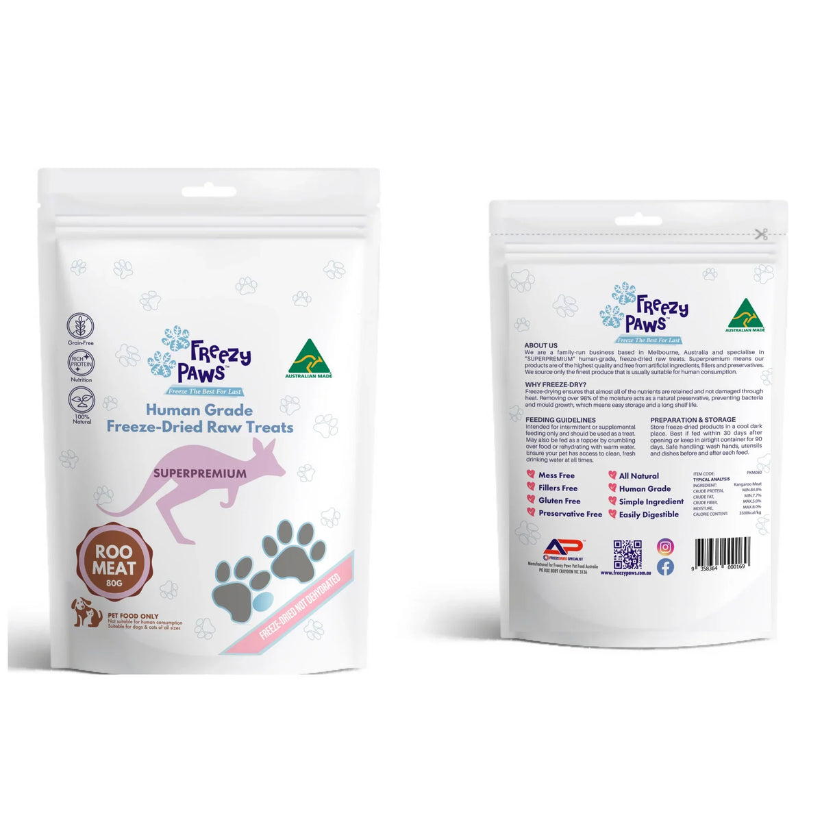 Freezy Paws Freeze Dried Kangaroo Meat Pet Treats for Cats & Dogs