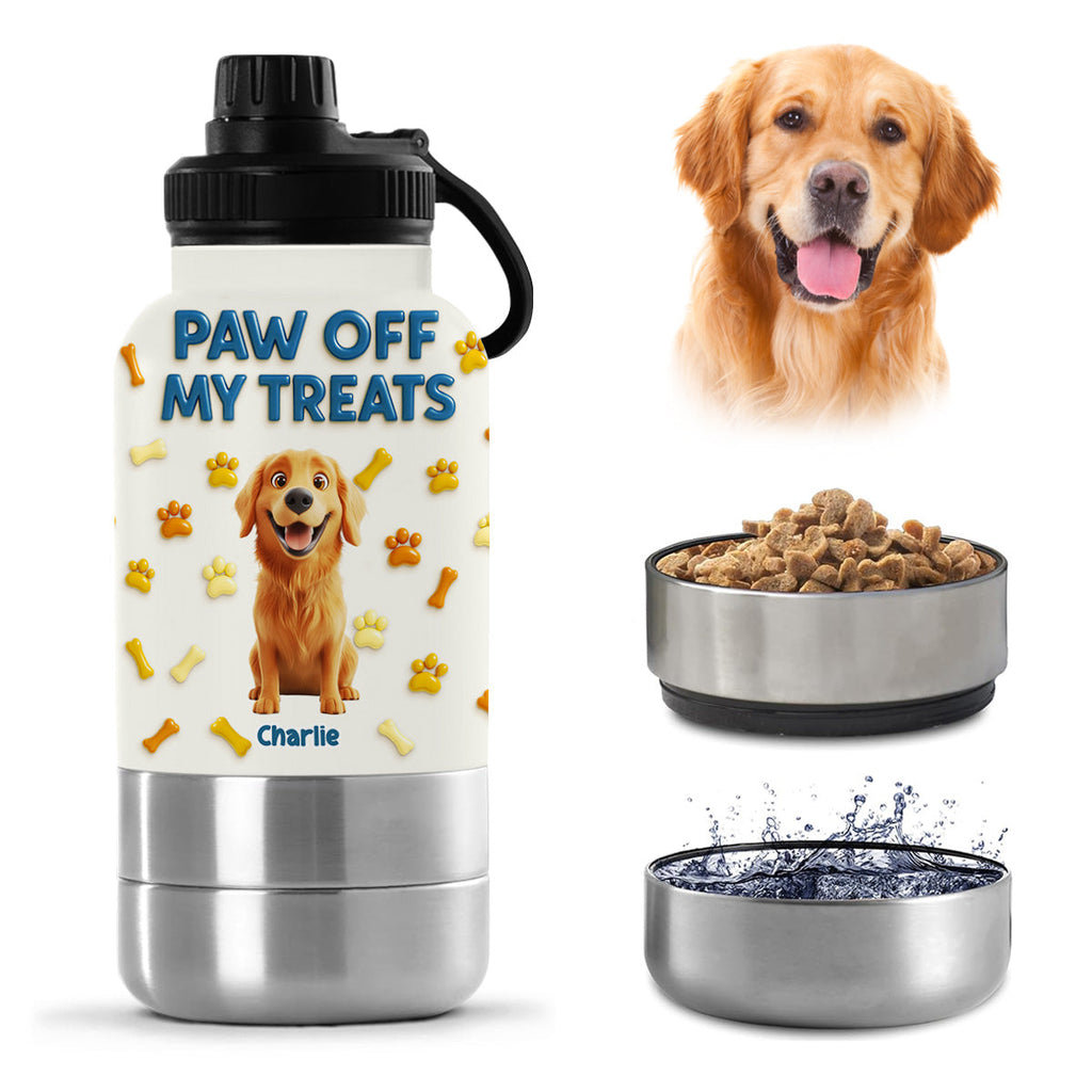 Paw Off My Treats - Personalized 30oz Water Bottle With Pet Bowl