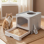 Large Cat Litter Box Foldable Top Entry Covered Litter Tray Scoop Grey