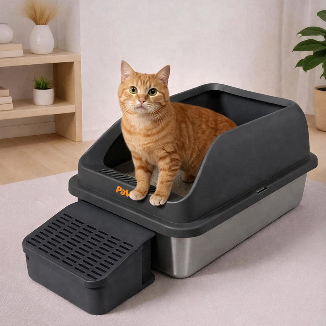 Stainless Steel Cat Litter Box Big Cats Kitten High Sided Easy Clean Grey
