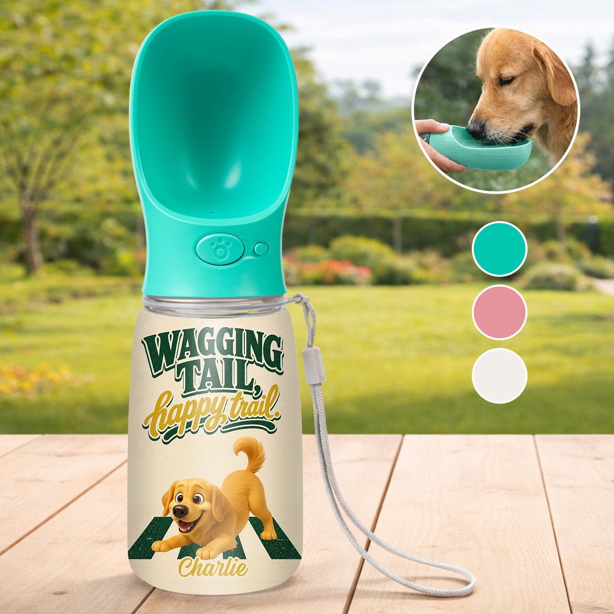 Wagging Tail Happy Trail - Personalized Pet Water Bottle With Drinking Feeder