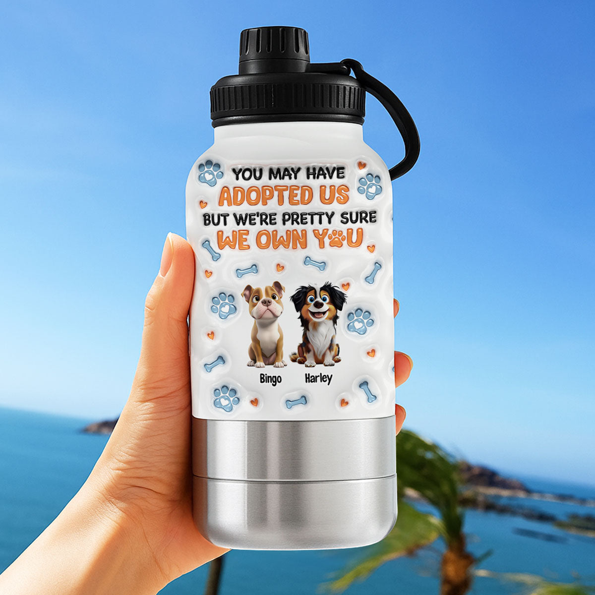 We Own You - Personalized 3D Inflated Effect 30oz Water Bottle With Pet Bowl