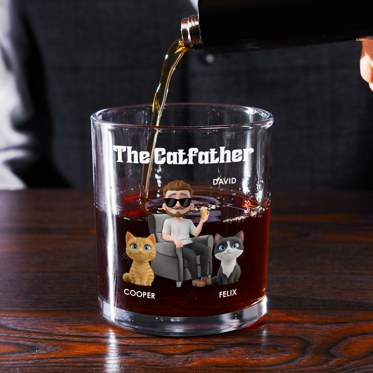 The Catfather Cartoon Version 2 - Personalized Whiskey Glass
