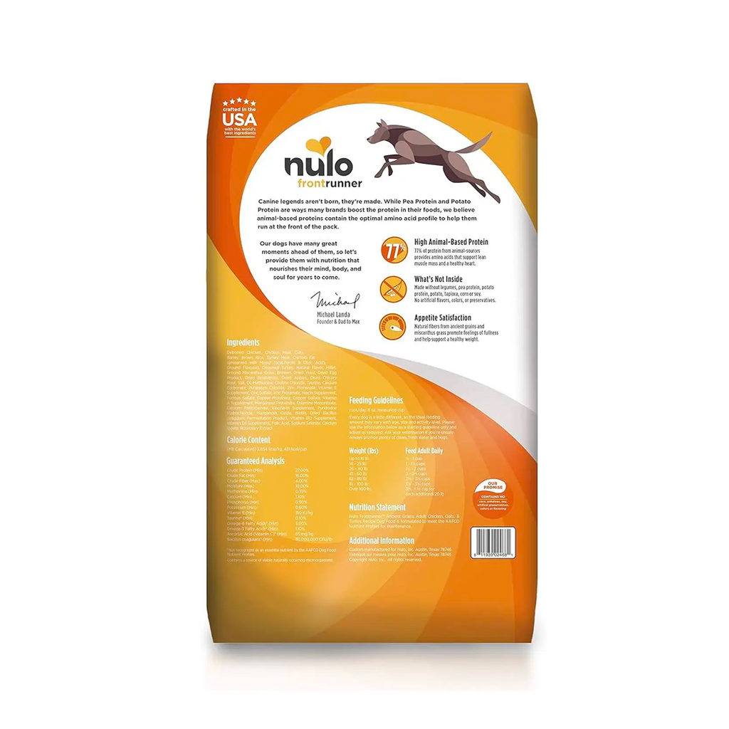 Nulo Frontrunner High-Meat Kibble for Adult Dogs - chicken, oats & turkey recipe