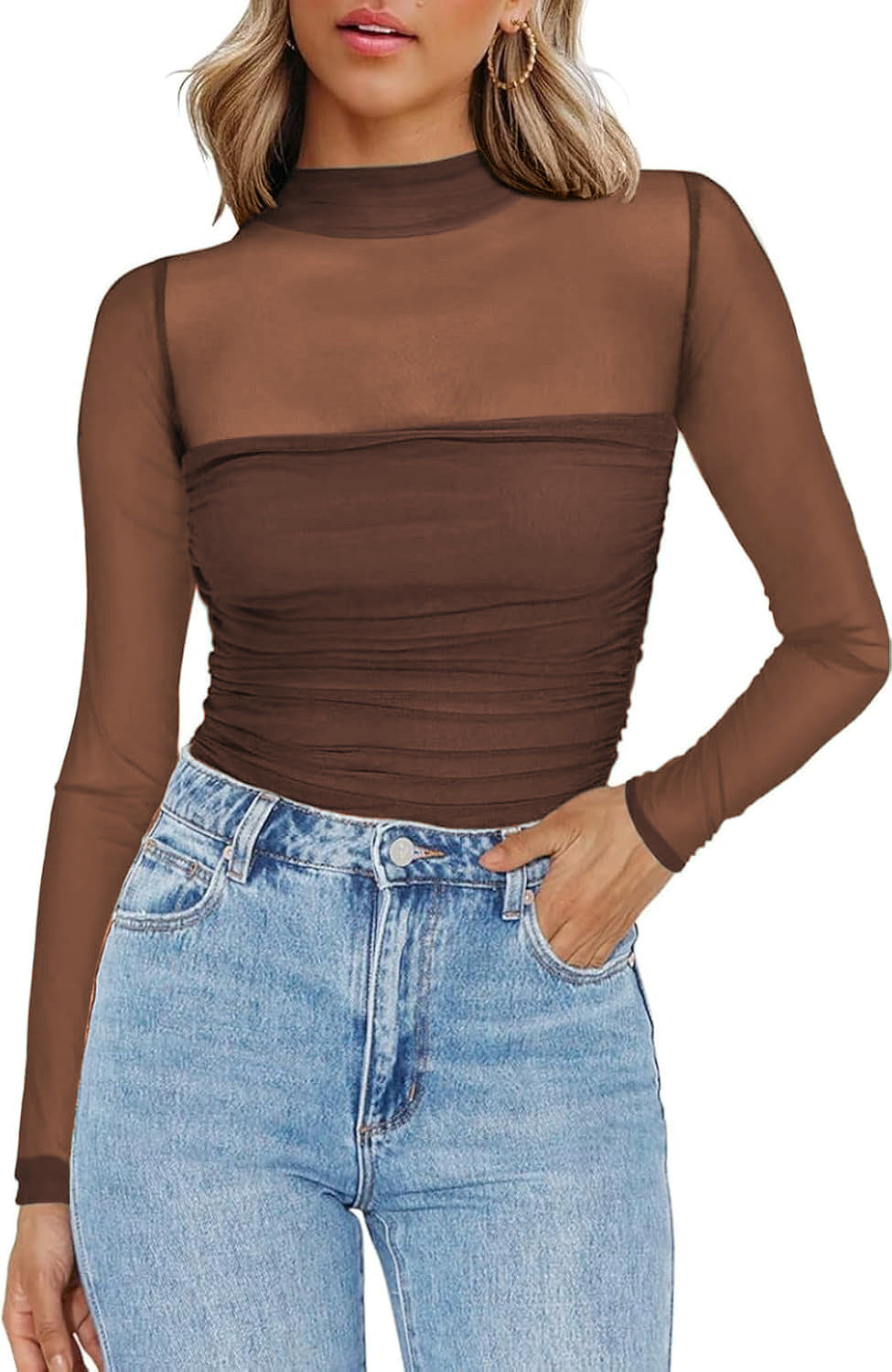 💃Last Day Sale 70% OFF🔥Women's Sparkle Mesh Sheer Long Sleeve Ruched Top