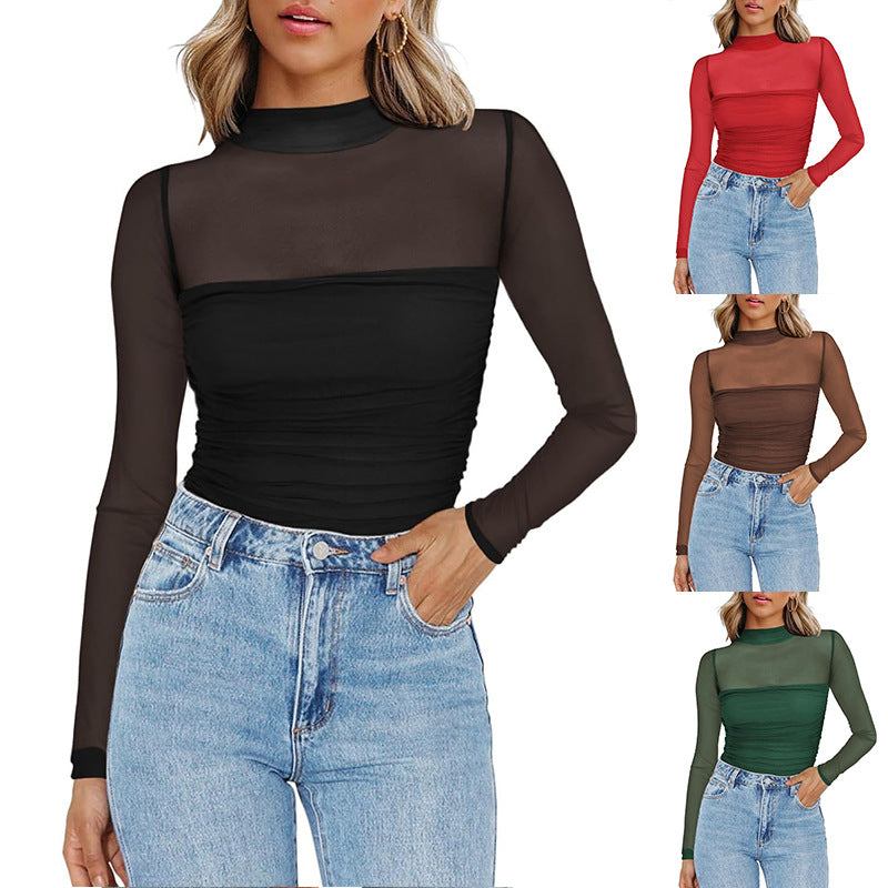 💃Last Day Sale 70% OFF🔥Women's Sparkle Mesh Sheer Long Sleeve Ruched Top