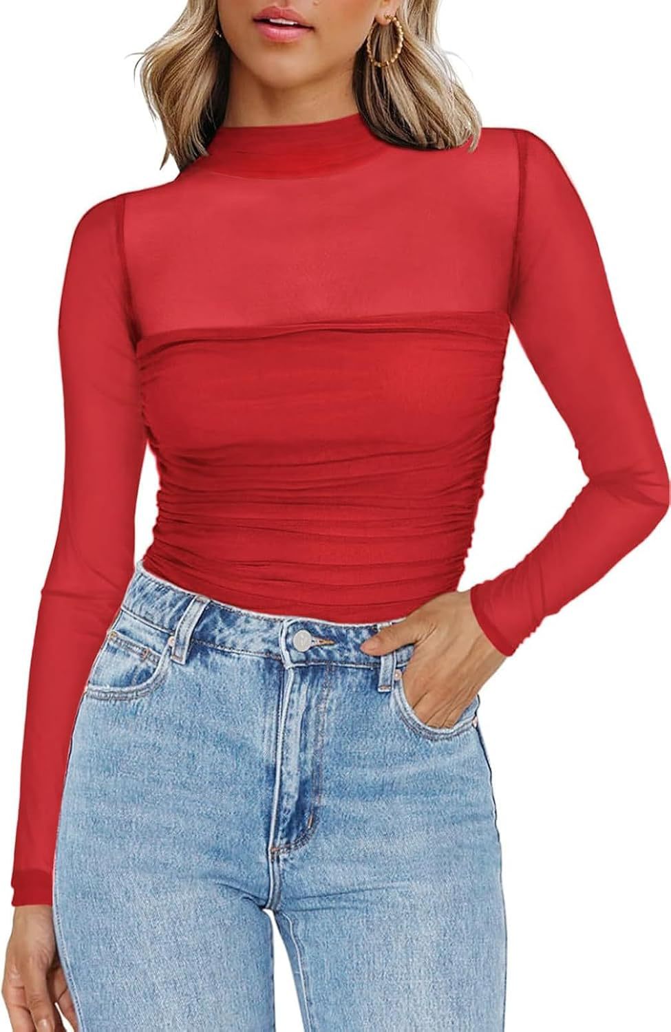 💃Last Day Sale 70% OFF🔥Women's Sparkle Mesh Sheer Long Sleeve Ruched Top