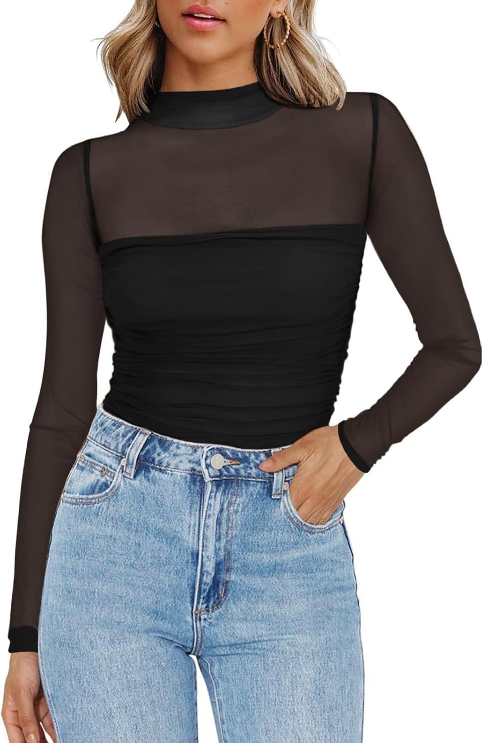💃Last Day Sale 70% OFF🔥Women's Sparkle Mesh Sheer Long Sleeve Ruched Top