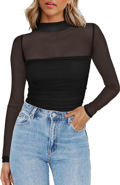 💃Last Day Sale 70% OFF🔥Women's Sparkle Mesh Sheer Long Sleeve Ruched Top