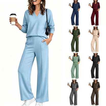 🌹LIMITED-TIME 70% OFF! 🌹Women's 2 Piece Outfits V Neck Lounge Set | Raglan Long Sleeve Top & Wide Leg Pants
