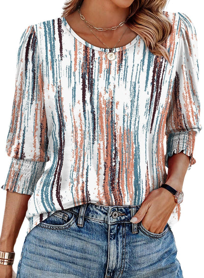 ⏰Limited Time Sale-50% OFF🏖️Women Dressy Casual 3/4 Length Sleeve Blouses with Smocked Cuffs