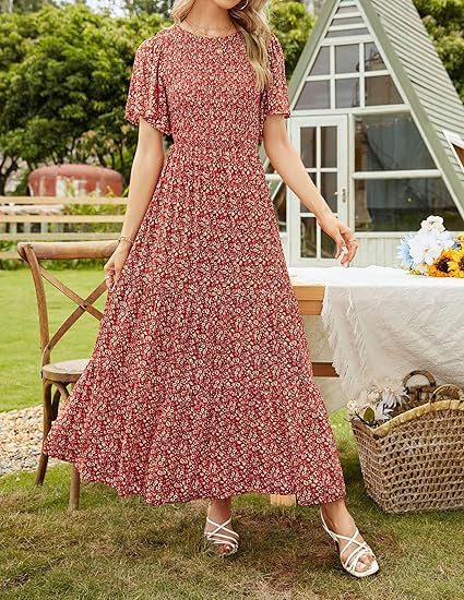 ⏰Summer Hot Sale 70% OFF👗Women's Casual Floral Print Short Flutter Sleeve Smocked High Waist Flowy Maxi Dress