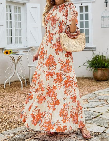 ⏰Summer Hot Sale 70% OFF👗Women's Casual Floral Print Short Flutter Sleeve Smocked High Waist Flowy Maxi Dress