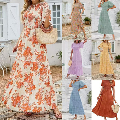 ⏰Summer Hot Sale 70% OFF👗Women's Casual Floral Print Short Flutter Sleeve Smocked High Waist Flowy Maxi Dress
