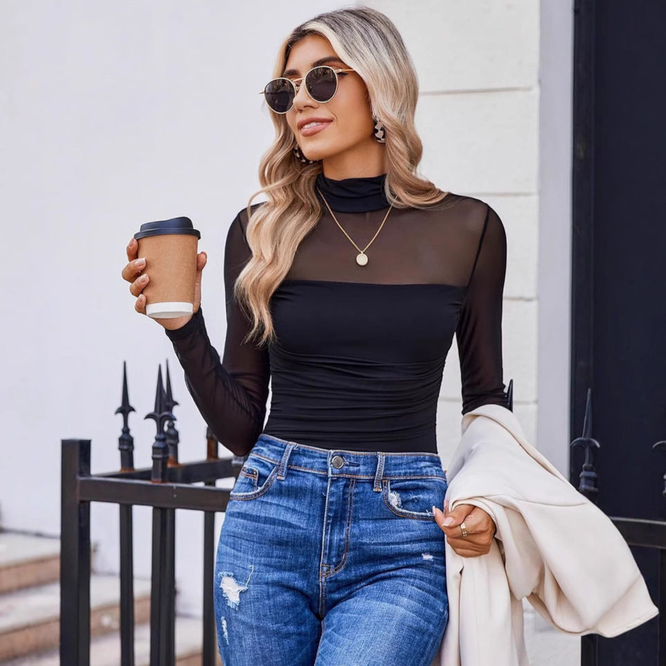 💃Last Day Sale 70% OFF🔥Women's Sparkle Mesh Sheer Long Sleeve Ruched Top