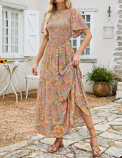 ⏰Summer Hot Sale 70% OFF👗Women's Casual Floral Print Short Flutter Sleeve Smocked High Waist Flowy Maxi Dress