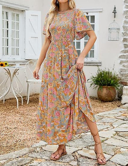 ⏰Summer Hot Sale 70% OFF👗Women's Casual Floral Print Short Flutter Sleeve Smocked High Waist Flowy Maxi Dress