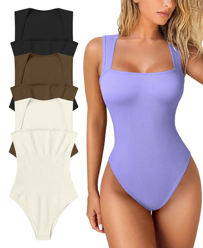 Hot Sale!🔥Sexy Ribbed Strappy Square Neck Sleeveless Bodysuits🔥