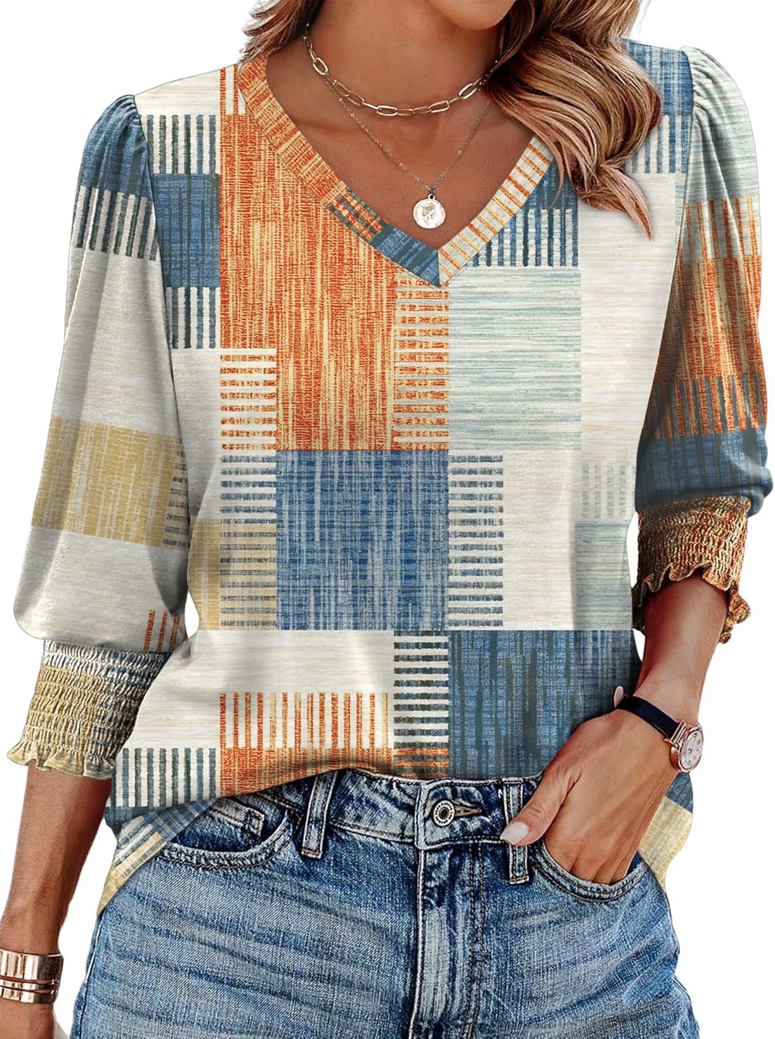 ⏰Limited Time Sale-50% OFF🏖️Women Dressy Casual 3/4 Length Sleeve Blouses with Smocked Cuffs