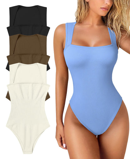 Hot Sale!🔥Sexy Ribbed Strappy Square Neck Sleeveless Bodysuits🔥