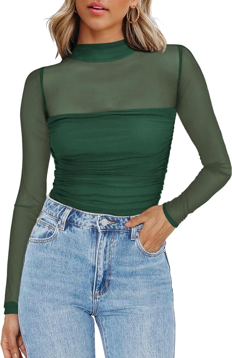 💃Last Day Sale 70% OFF🔥Women's Sparkle Mesh Sheer Long Sleeve Ruched Top