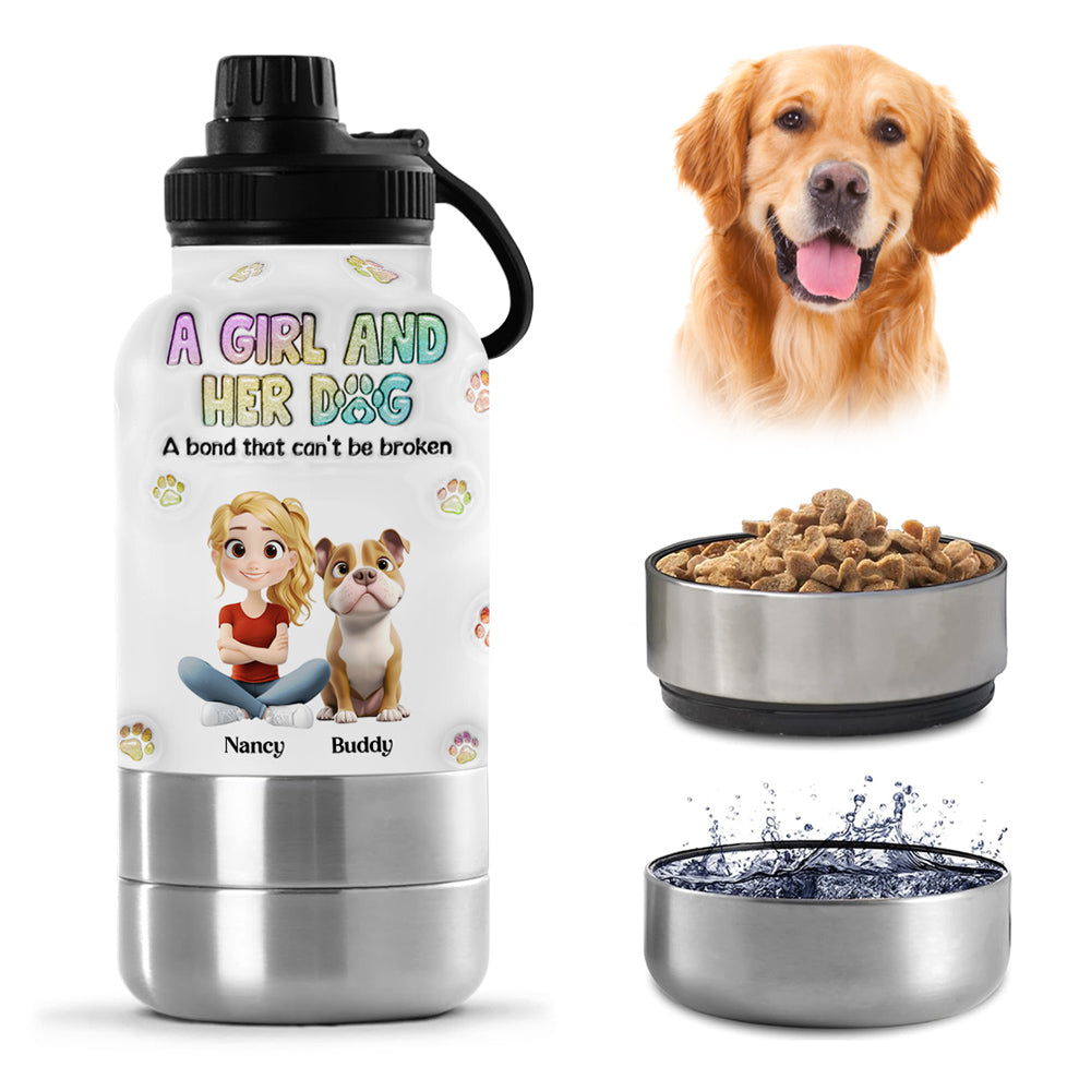 A Girl And Her Dog - Personalized 3D Inflated Effect 30oz Water Bottle With Pet Bowl